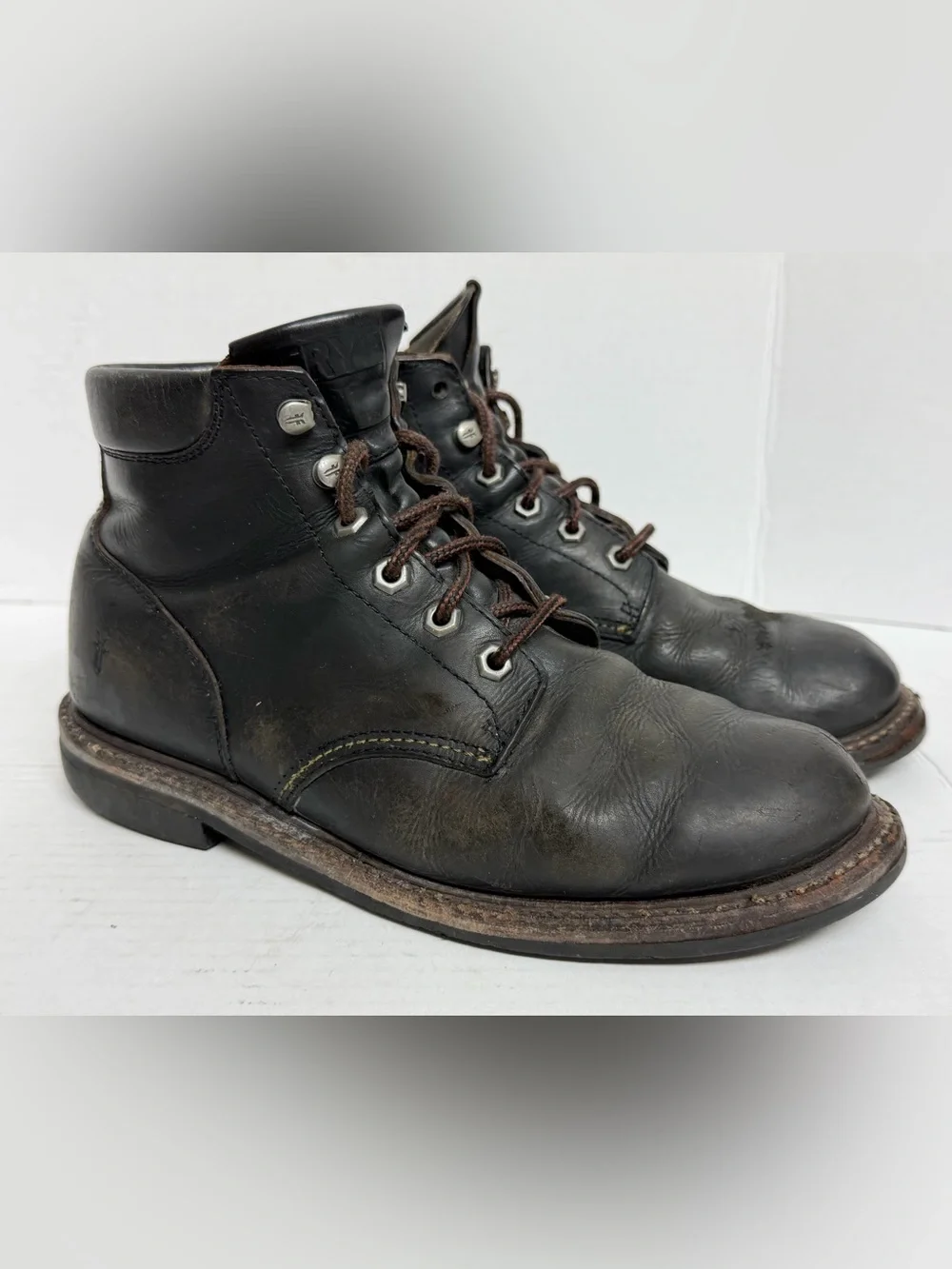 Frye Hudson Leather Work Boots $368 Smoky Black Mens US Size 7.5